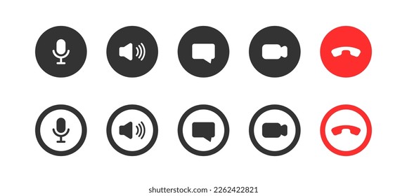 Vector illustration of call buttons. Turn the microphone on and off, chat, correspondence, video chat, volume, speakerphone, hang up. Vector line icon isolated on white background