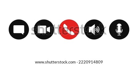 Vector illustration of call buttons. Turn the microphone on and off, chat, correspondence, video chat, volume, speakerphone, hang up. Vector black set icon on a white background