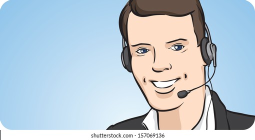 Vector illustration of call center man with headset smiling. Easy-edit layered vector EPS10 file scalable to any size without quality loss. High resolution raster JPG file is included.