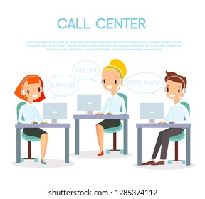 Vector illustration of call center operators. Customer service and online support concept. Call center representative at computer in headset. Happy and smiling operators of call center in cartoon flat
