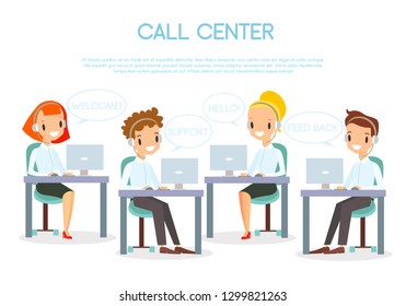 Vector illustration of call center operators in office working with laptops and in headphones. Smiling and happy call center workers at the working places. Customer service and support concept in flat