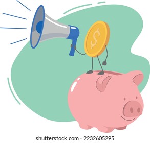 Vector illustration of a call through a megaphone. The concept of income growth and business development. Gold coins dollars piggy bank