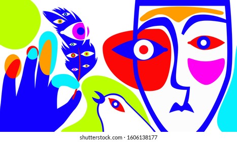 vector illustration called a bird of happiness in bright colors with the image of a portrait of a man and a pen made in the avant-garde style using colorful eyes as patterns