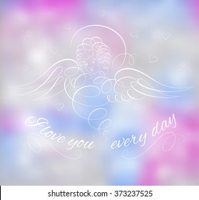 Vector illustration of calligraphic angel with wings. Vintage drawing. Abstract blurred background. Blurred background. Mesh blurred background. Typographical template of poster.