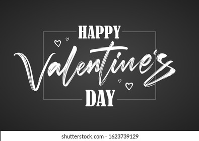 Vector illustration. Calligraphic brush lettering of Happy Valentine's Day with hearts on chalkboard background.