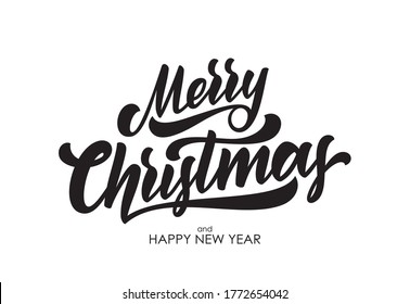 Vector illustration. Calligraphic brush type lettering of Merry Christmas on white background.