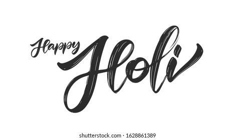 Vector illustration: Calligraphic Handwritten brush lettering of Happy Holi on white background 