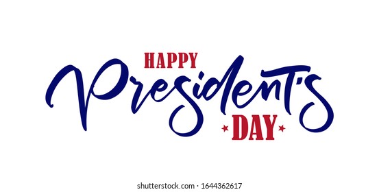 Vector illustration: Calligraphic handwritten brush type lettering of Happy Presidents Day with stars. 