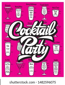 Vector illustration with calligraphic inscription Cocktail party and cocktails set.