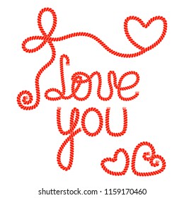 Vector illustration. Calligraphic inscription I love you red color isolated on white background, hearts. Letters from a twisted wide rope. For congratulations, Valentine's day cards, romantic holidays