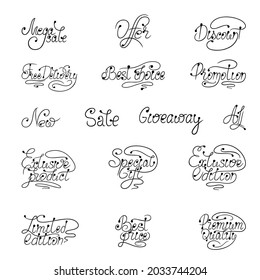 Vector illustration, calligraphic slogans for sale, discounts, promotions, giveaway. Lettering for poster, banner, flyer. Hand inspiration with drops on a white background. Store advertising word set