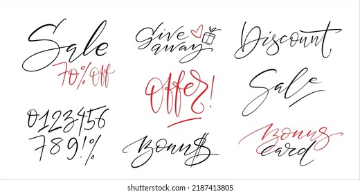 Vector illustration, calligraphic thin script words for sale, discounts, promotions, giveaway. Lettering for poster, banner, flyer. Store advertising word set.