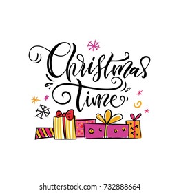 Vector illustration. Calligraphy. Lettering. Christmas card. Christmas time. 