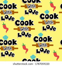 Vector illustration with calligraphy lettering Cook with love on a yellow background seamless pattern