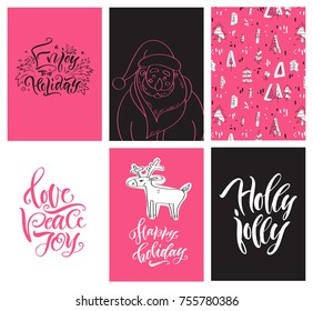 Vector illustration. Calligraphy. Lettering. Set of Christmas cards.