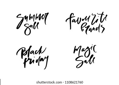 Vector illustration of calligraphy summer sale, favourite brands, black friday, magic sale, logotype, print, text for sell out, clearance sale, closeout, giveaway, promo of fashion, floristic