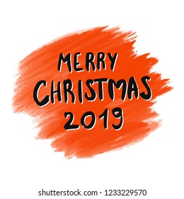 Vector illustration of calligraphy text Merry Christmas for greeting card on colorful acrylic brush background.