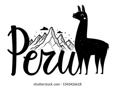 Vector illustration with calligraphy word Peru, mountains, clouds and smiling llama with heart. Travel typography poster, print design of South American country