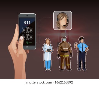 Vector illustration of calling 911. Doctor, firefighter, policeman. Emergency concept