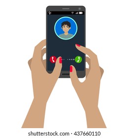 Vector illustration of calling on smart phone with hands on touchscreen isolated on white background. Using a smart phone for calling.