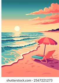 vector illustration of a calm beach, colorful sky and enchanting sunset