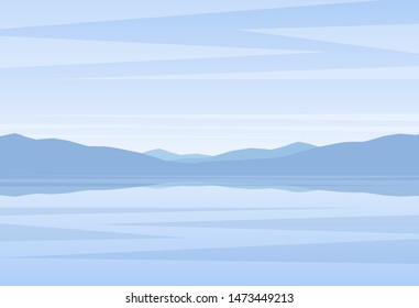 Vector illustration: Calm blue Landscape with lake or bay and mountains on horizon