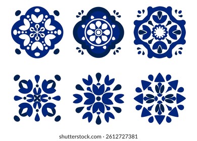 Vector illustration. Calm and elegant artwork with blooming flowers in dark blue shades. Elegant, classic, and delicate. Traditional design patterns for tiles, fabric, backgrounds, carpets, wallpapers