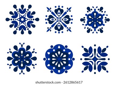 Vector illustration. Calm and elegant artwork with blooming flowers in dark blue shades. Elegant, classic, and delicate. Traditional design patterns for tiles, fabric, backgrounds, carpets, wallpapers
