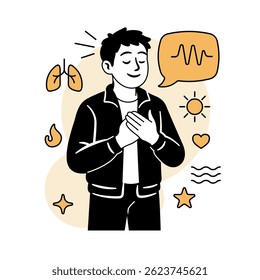 Vector illustration of a calm man practicing deep breathing for stress relief, surrounded by mental wellness icons like lungs, heartbeat, sun, and stars.