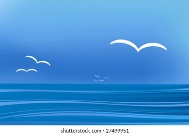 Vector illustration of calm ocean background with birds. Only global colors. CMYK. Easy color changes