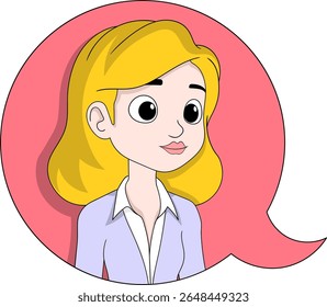 Vector illustration of a calm and professional cartoon woman with blonde hair, dressed in a light purple outfit inside a pink speech bubble