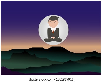 Vector illustration. Calm relax spiritual zen balance in business concept. Businessman doing yoga trying to keep calm under stress pressure problem and find solution to reach succes
