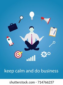Vector illustration. Calm relax spiritual zen balance in business concept. Businessman doing yoga trying to keep calm under stress pressure problem and find solution to reach success
