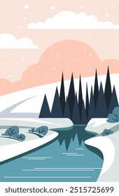 Ilustração vetorial de um rio calmo que atravessa uma paisagem de inverno com neve e árvores. O estilo é mínimo e plano.