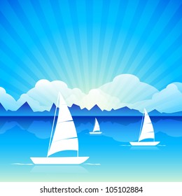 Vector illustration of a calm sea with boats on beautiful nature background. EPS 10