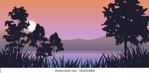 vector illustration of calm twilight sky over the lake and trees, nature landscape, realistic scenery, tree and grass silhouettes