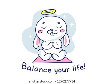 Vector illustration of a calm white rabbit with nimb above head sitting in the lotus position. Line art style design with text for web, site, fitness banner
