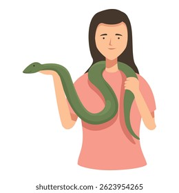 Vector illustration of a calm woman holding a nonthreatening green snake