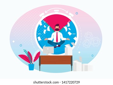Vector Illustration Calm in Workplace Cartoon Flat. Man Meditates in Workplace Against Background Circular Diagram. Rest and Relaxation During Busy Working Process. Self Management.