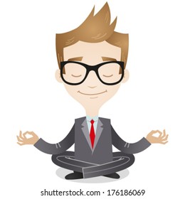 Vector illustration of a calm young cartoon businessman sitting cross-legged, smiling and meditating (JPEG version also available in my gallery). 