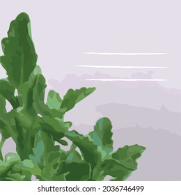 Vector illustration. Calming background with a solid color plant. Printing of notebook covers. Template for text, background. Gray background and green houseplant Kalanchoe. Green flower.