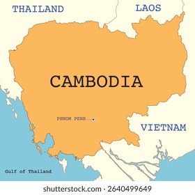 Vector illustration of Cambodia with borders, neighboring countries, and major cities. Clear labels and geographic details included