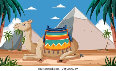 Vector illustration of a camel by the pyramids