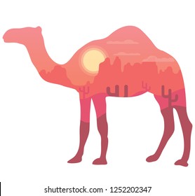 vector illustration of a camel icon. palm trees, desert background. 