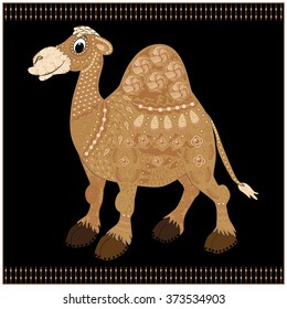 Vector illustration of the camel on the black background. Zentangle style.