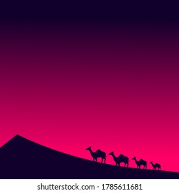 vector illustration of camel silhouette in the desert in the afternoon. greetings for the Night of Lailatul Qadr for the Celebration of Ramadan Kareem, Eid Al-Fitr and Eid Al-Adha.