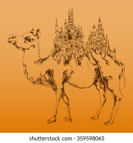 Vector illustration, camel with a town on its back, abstract hump, gradient background, card concept.