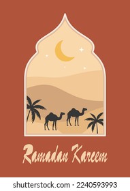 Vector illustration of camels in the desert, night landscape for Ramadan and Islamic theme