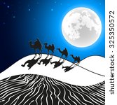 Vector illustration. Camels go on desert night under the moon.