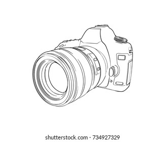 Vector illustration of a camera in black lines on a white background.